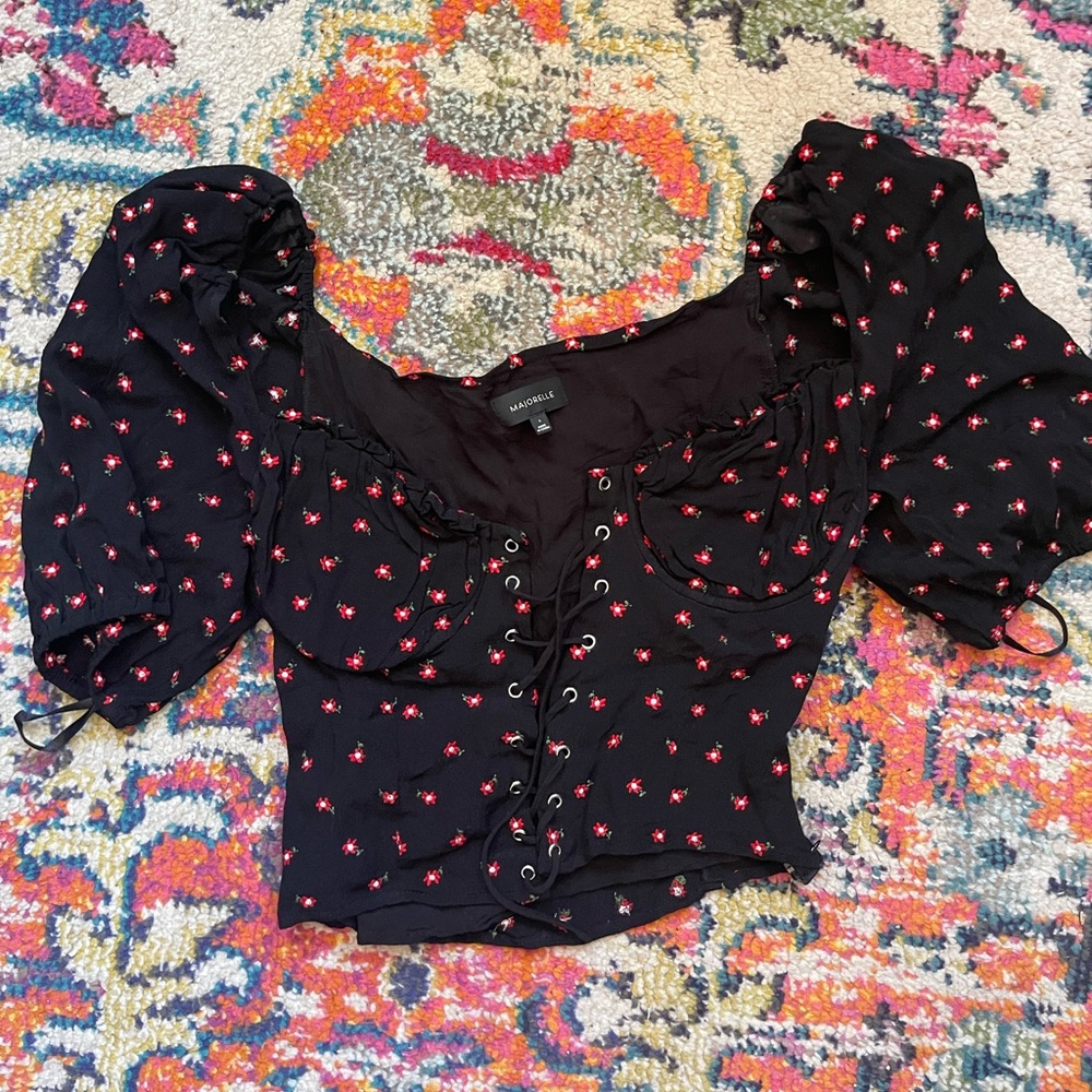 Majorelle Red and white flower embroidered corset top